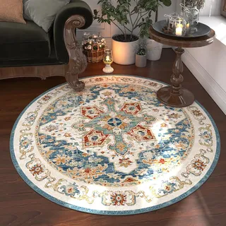 RBQIZVW vielseitiger Indoor- & Outdoor-Teppich Vintage Design Wohnzimmer Teppiche, UV-beständig, langlebig und pflegeleicht, Balkon, Garten Mehrfarbig Bunt 200 cm Rund Teppich Blau und Weiß