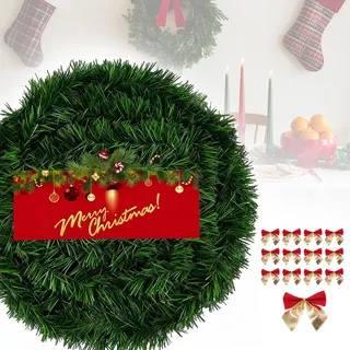 NefLaca 10 m Weihnachtsgirlande mit 45 Weihnachtsschleifen DIY | künstliche Kieferngirlande für den Innen- und Außenbereich Diese Tannengirlande erfreut die ganze Familie