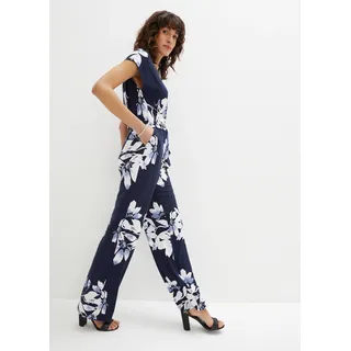 Jumpsuit BONPRIX "Jumpsuit mit Bindeband", Damen, Gr. 48/50 (XL), N-Gr, blau (dunkelblau, weiß geblümt), Obermaterial: 95% Polyester, 5% Elasthan, bequem, Overalls Jumpsuit, für eleganten Look, mit Bindeband zur Taillenanpassung