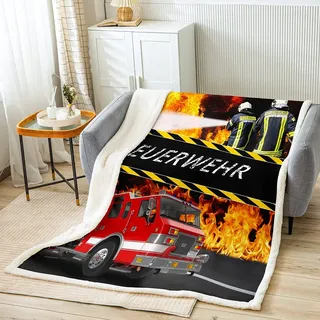 Loussiesd Feuerwehr Thema Kuscheldecke Feuerwehrwagen Decke 130x150cm für Jungen Kinder Jugendliche Zimmer Dekorativ Fahrzeug Auto Wohndecke Coole Feuerwehrmänner Flanell Fleecedecke