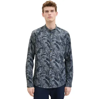 TOM TAILOR Herren Regular Fit Leinen Hemd mit Muster, 34725 - Navy Palm Leaf Design, M