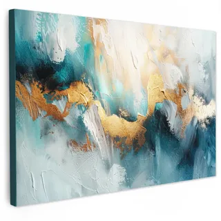 MuchoWow Leinwandbild Abstrakt - Kunst - Gold - Blau Groß 140x90 cm , Petrol , Textil , Kiefer , Rechteckig , 140x90 cm , FSC 100% , gerahmt , Bilder & Rahmen, Bilder, Leinwandbilder