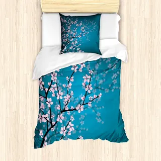ABAKUHAUS japanisch Bettbezug Set für Einzelbetten, Frühling Sakura Blumen, Milbensicher Allergiker geeignet mit Kissenbezug, Teal Rosa - Rosa