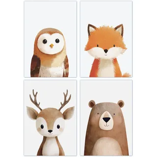 PACKLIST® 4er Set Kinderzimmer Bilder A4 – Süße Waldtiere Poster (Fuchs, Bär, Eule, Hirsch) – Wandgestaltung Babyzimmer Skandi & Boho Stil – Kunstdrucke Premium 250g Papier – Ungerahmt "