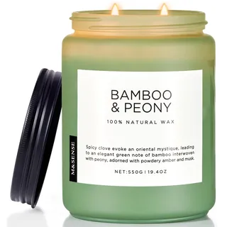 M&SENSE Bambus & Pfingstrose Duftkerze im Glas 2 Dochte 550g Aromatherapiekerze 110 Stunden lang anhaltende Brenndauer natürliche Sojawachskerze dekorative Bambusduftkerze BambooPeony