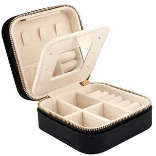 Casiwaft Kleines Reise Schmuckkästchen Samt mit Spiegel, Kleine Schmuckkästchen Organizer für Mädchen Frauen, Mini Schmuck Organizer Aufbewahrung für Ringe Ohrringe Halskette Armbänder, Schwarz