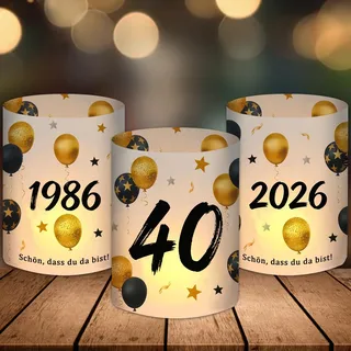 12 Windlicht Tischdeko 40 Geburtstag, Deko 40. Geburtstag Mann Frau 1986-2026 Schwarz Gold, 40 Jahre Happy Birthday Tischdeko, Geeignet für Teelichter oder Kerzen