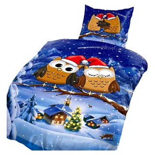 Fleece Bettwäsche 135 x 200 Eulen Weihnachten Winter Set Bettbezug Kissenbezug
