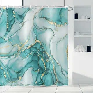 ASDCXZ Türkis Marmor Duschvorhang 180x180 cm, Modern Abstrakt Kunst Türkis Gold Marmor Optik Textur Wasserdicht Badvorhang Polyester Textil Waschbar Duschvorhänge für Badewanne mit 12 Haken
