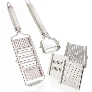 Muxels Gigant 4-fach Hobel mit Sparschäler und Restehalter mit 3 Zusätzlichen Einsätzen Parmesanreibe, Juliennereibe und V-Hobel