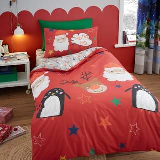 Bedlam Bettbezug mit Weihnachtsmann, Rentier und Pinguin, Einzelbettgröße (140 x 200 cm), wendbar (2 Designs), 1 x Kissenbezug, Weihnachts-Cartoon-Bettbezug, Weihnachts-Bettwäsche,