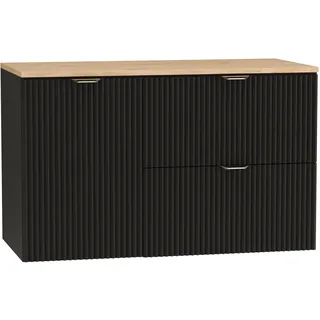 WENA Waschtischunterschrank 100 cm mit Wäschekorb, geriffelte Fronten, Griffe aus Metall in der Farbe Gold (Farbe: Schwarz/Eiche Platte) - Schwarz, Braun
