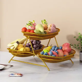 JUNYFFF Obstkorb, Obst Etagere Metall - Obstkorb Etagere 3 Stöckig – Obstschale Etagere 3 Etagen Für Obst, Gemüse, Snacks, Haushaltsgegenstände,Gold