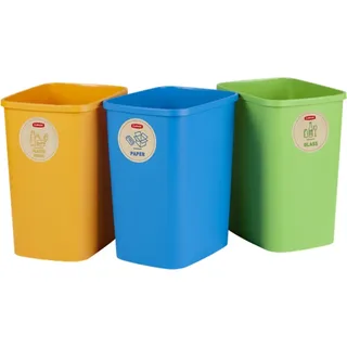 Curver Eco Friendly 3er-Set Mülltrennungssystem Mülleimer Mülltrennung Papier Glas und Kunststoff Recycling-Eimer aus Kunstoff (3x9L) - Bunt