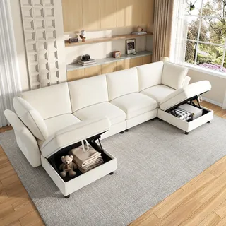 STILVORA Modulsofa frei kombinierbar als L-Ecksofa, Cloud-Sofa weich gepolstert, 6-Sitzer Sofa mit Stauraum-Hocker und 2 Armlehnenkissen,Chenille,Beige - Beige