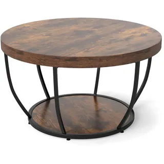FANTASK Runder Couchtisch, 2-stöckiger Wohnzimmertisch mit Metallrahmen, Sofatisch Holz 80 cm D, Teetisch für Wohnzimmer, Empfangsraum, Büro (Rustikales Braun)