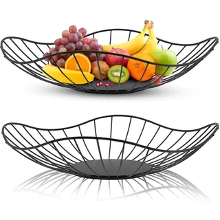 katmerio 2 Stück Obstschale Schwarz Rund Obstschalen, Metall Obstkorb Modern Fruit Basket Bowl Obstaufbewahrungskorb, Anti-Rost Obstkörbe Aufbewahrung für Gemüse Obst Brot