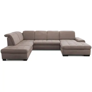 CAVADORE U-Form Lexi mit XXL-Longchair / Inkl. Bett, Stauraum und Kopfteilfunktion / Leichte Fleckenentfernung dank Soft Clean / 329 x 82-99 x 224 / Flachgewebe: Hellbraun
