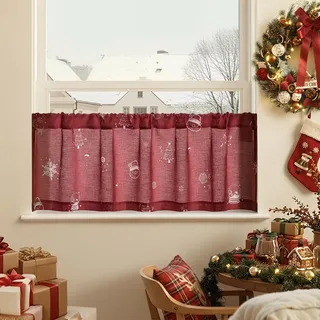 TOPICK Scheibengardinen Küche Weihnachtsgardinen Küchengardinen Scheibengardinen Landhausstil Bistrogardine modern Weihnachten, H40xB125 cm Scheibengardine Wohnzimmer Schlafzimmer Rot 1 Stück