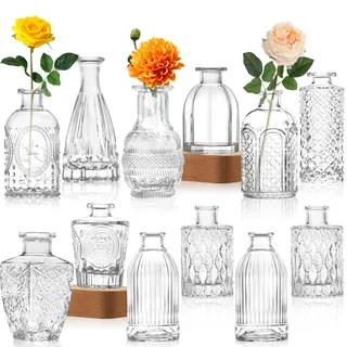 Glasvase, Knospenvase, kleine Vintage-Blumenvase, kleine Vintage-Blumenvase für Blumenarrangements, dekorativer Tafelaufsatz, Tischdekoration, Zuhause, Hochzeit, Party, 12 Stück