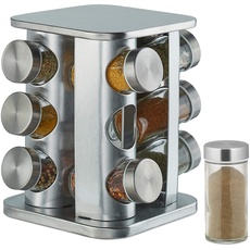Bild Gewürzkarussell mit 12 Gewürzgläsern, drehbar, Edelstahl, Glas, Gewürzregal HxD 22 x 19 cm, eckig, silber