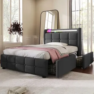 Sweiko Polsterbett (Stauraumbett mit Lattenrost), Einzelbett 90x200cm mit LED-Beleuchtung, Ladefunktion und 2 Schubladen - Grau