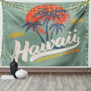 ABAKUHAUS Hawaii Wandteppich, Surfing Club-Logo-Grafik, Wohnzimmer Schlafzimmer Wandtuch Seidiges Satin Wandteppich, 150 x 100 cm, Resedagrün Mehrfarbig - Grün