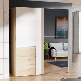 Forte Winn 2 Kleiderschrank 170, moderner Schwebetürenschrank, 2-türig, 3 Schubladen, Spiegel, Schlafzimmer, Artisan Eiche Holzdekor|Weiß, 170,3 cm breit x 200,5 cm hoch x 61,2 cm tief