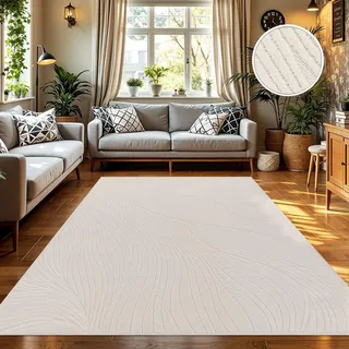 TT Home In-& Outdoorteppich Wetterfest Balkon Schlafzimmer Boho Skandi Motiv Unifarben Geometrische Optik Moderner Style Größe 120 cm Rund - Creme