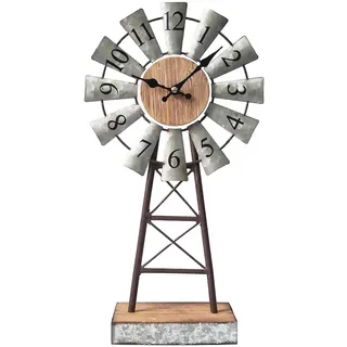 MODE HOME Farmhouse Windmühlen-Schreibtischuhr, verzinktes Metall, Tischuhr mit Klingen, kleine dekorative Bürouhr, batteriebetrieben, rustikale Bauernhaus-Uhr für Tischplatte und Regal, 40 cm