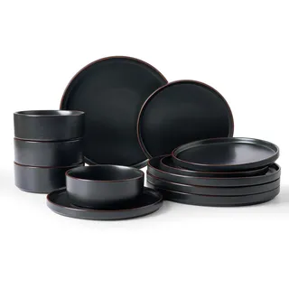 Richmount Nebula Outline Geschirrset,12-teiliges teller set,Steingut Geschirr Set fur 4 mit Speiseteller,Dessertteller,Müslischalen,Mikrowellen- und Spülmaschinenfest, Matt-Schwarz