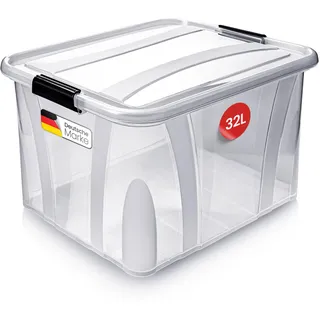 KONZEPT Aufbewahrungsbox 32 L mit Deckel, verstärkte Konstruktion | Transparente Kunststoffbox mit Verstärkungsrippen für mehr Stabilität, stapelbar, robuste Clips – ideal für Küche & Haushalt