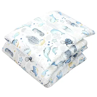 TupTam Kinder Gemusterte Bettdecken Set Ganzjahresdecke Bettdecke Kopfkissen Flachkissen 2tlg., Farbe: Meerestiere Blau, Größe: 135x100 cm