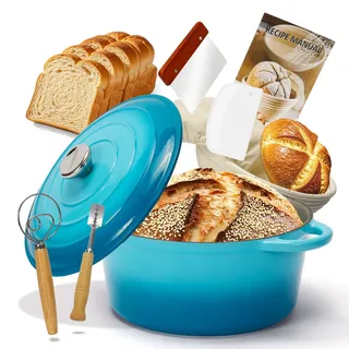 LEADKooKers Gusseisen Topf Brot Backen inkl. Gärkorb, 26cm Emaille Bräter mit Deckel Schmortopf Gusseisen, Brot Backen Zubehör Hellblau