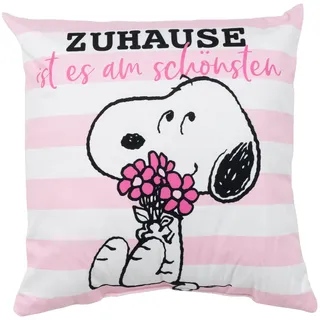 United Labels The Peanuts Snoopy Kissen, Kopfkissen 40x40 cm, Rosa Weiß, Sofakissen Zuhause ist es am schönsten, Dekokissen für Fans