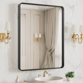 LOAAO 50,8 x 40,6 cm schwarzer Badezimmerspiegel mit Metallrahmen für Wand, Mattschwarz, Badezimmer-Schminkspiegel, Bauernhaus, großer Abgerundeter rechteckiger Spiegel, rostfrei, gehärtetes Glas,