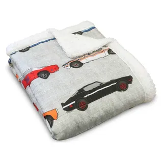 Lush Decor Cars-Überwurf, wendbare Sherpa-Decke mit Rennaufdruck-Design für Kinder, 152,4 x 127,7 cm, Blau und Orange