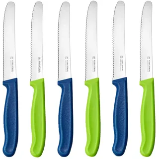 targzier Frühstücksmesser Set 6 Stück, Edelstahl Tafelmesser,Langlebiges Brotmesser,Kunststoffgriff Tomatenmesser Wellenschlif,Bunt Brotzeitmesser,Scharf Messer,Blau und Grün Schneidemesser