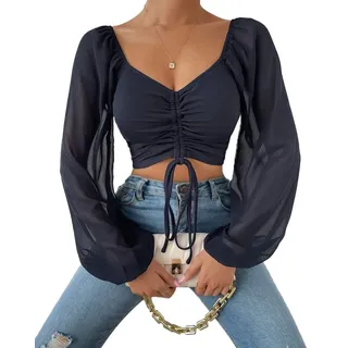 Onsoyours Langarmshirts Damen Einfarbig Bauchfrei T-Shirt Crop Top Kurz Tops Slim Oberteil Herzausschnitt T-Shirt mit Tunnelzug