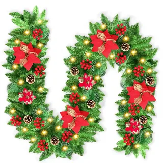 2.7m Weihnachtsgirlande mit Beleuchtung, IP65 LED Tannengirlande batteriebetrieben mit Timerfunktion, Weihnachtsdeko Girlande für Innen & Außen, Deko für Treppen, Kamin, Haustür