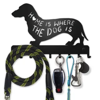 SirHoldeer Dackel Deko, Hundegarderobe, Hundeleinenhalter Wand, Schlüsselbrett Schwarz, Wandhaken für Hundeleine, Halsband oder Schlüssel, Geschenkideen für Hundebesitzer, Wanddeko Metall