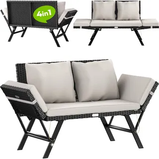 CASARIA® Polyrattan Gartenbank mit Liegefunktion Schwarz - Schwarz