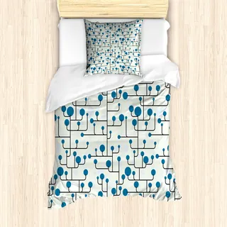 ABAKUHAUS Geometrisch Mantele, Abstrakte Linien Punkte, Milbensicher Allergiker geeignet mit Kissenbezügen, 135 cm x 200 cm - 80 x 80 cm, Blau Eggshell Schwarz - Blau