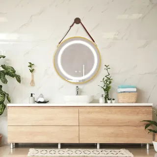 pro.tec LED-Badspiegel Picerno Ø50cm mit Aufhängung und 3 Lichtfarben Gold - Gold
