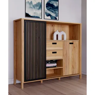 Forte Highboard »Jytana«, Breite 149,9 cm, Schiebetüre mit Lamellenoptik, Mauvella Eiche/Schwarz