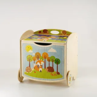 Dida - Fuchs, Multifunktionaler Holz-Aufbewahrungshocker für Kinder: Spielzeugkiste und Truhe, Ideal für Kinderzimmer, Kindergärten und Vorschulen