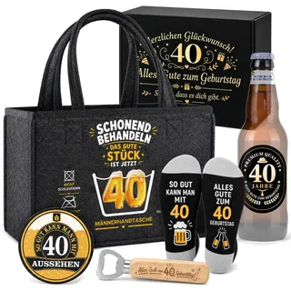 ZJTAPE 40 Geburtstagsgeschenk für Männer, Männerhandtasche Bier Geschenkset, zum 40 Geburtstag Mann mit Flaschenöffner, Lustige Socken, Flaschenetiketten Selbstklebend, für Mann Papa Freund Kollegen