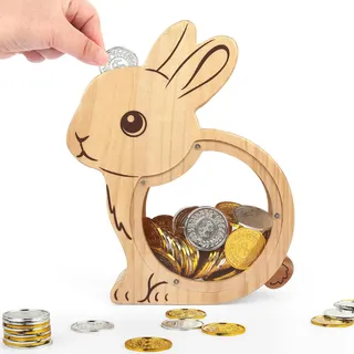 Foyucool Spardose Kinder Holz, Kaninchen mit Transparentem Acryl-Glas | Personalisiertes Geldgeschenk mit DIY Buchstaben für Mädchen & Jungen, Hasen-Sparbüchse für Geburtstag & Taufe