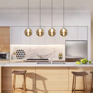 ZMH Pendelleuchte esstisch 4 Flammig Bernstein Pendellampe Höheverstellbar Kronleuchter Hängeleuchte  Glas für Wohnzimmer Schlafzimmer Küche Flur - Gelb