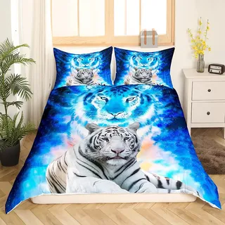 Tbrand Tiger Drucken Bettwäsche Set 135x200cm Wildtier Thema Bettbezug Set Blue Galaxy Betten Set Für Kinder Erwachsene Wildlife Safari Katzendruck Ultra weich Raumdekoration Reißverschluss
